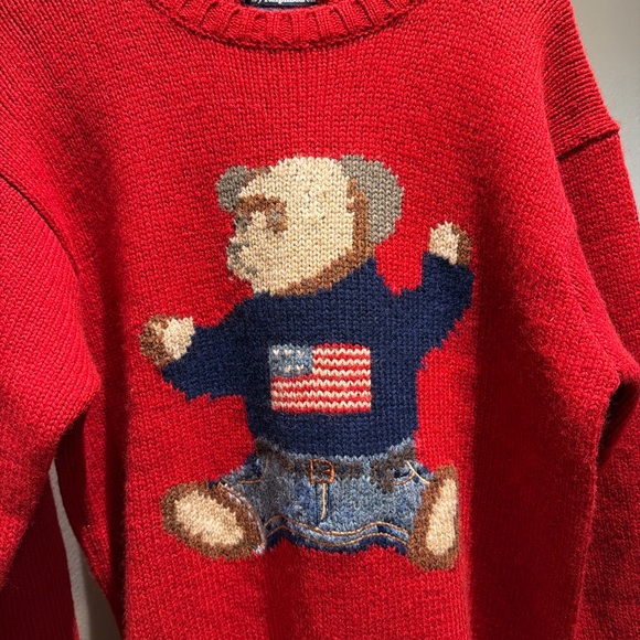 RARE  Vintage 90s Polo Ralph Lauren Bear Sit Down Knit Wool Sweater Size L Red🔥 - Picture 9 of 10